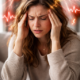 Woman sitting with eyes closed, holding her temples, with illustrated lightning and heartbeat lines around her head representing stress or nervous system overload.