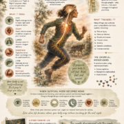 An educational infographic titled "The Sympathetic Nervous System" explains how the body's alarm system responds to perceived danger. At the center, an illustrated woman runs from a coyote while her brain and nervous system glow, showing the activation of the fight-or-flight response. Surrounding sections describe what the sympathetic nervous system is, where it is located, how it affects the eyes, heart, lungs, digestion, liver, and muscles, common triggers such as pain, illness, trauma, chronic stress, anxiety, and intense exercise, and the neurotransmitters involved. Additional sections explain the effects of prolonged survival mode, including hypervigilance, overthinking, sleep difficulties, and feeling constantly on alert. The infographic also shares a personal story of encountering a coyote while protecting a child, using it as a metaphor for how the nervous system can continue searching for danger even after the threat has passed. The graphic concludes by emphasizing that helping the nervous system remember safety creates a foundation for healing, connection, and a life that feels good to live.