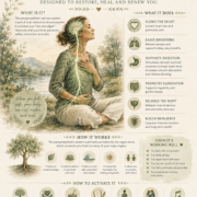 Illustrated guide to the parasympathetic nervous system, showing a woman seated beside a lake, its role in rest and digestion, signs it is working well, and calming practices such as slow breathing, meditation, gentle movement, and time in nature.