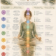 Infographic titled “The 7 Major Chakras and the Nervous System,” showing a seated meditating person with seven glowing colored chakra symbols aligned from crown to root, surrounded by charts describing each chakra’s location, energy center, nervous-system connection, related emotions, and signs of balance or imbalance.